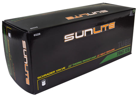 20x2.125 Heavy Duty Thorn Resistant Bicycle Inner Tube with Straight 32 mm Schrader Valve from Sunlite, packaged in a black box with clear orange and white text detailing the product.