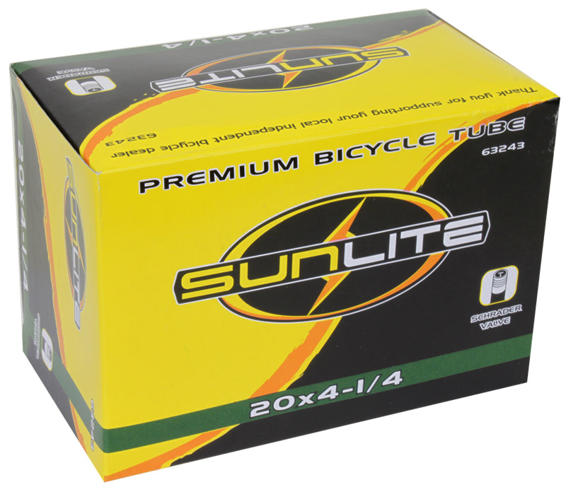 20x4-1/4 Bicycle Inner Tube with Straight Valve from Sunlite, shown in its branded yellow and black packaging featuring a logo.