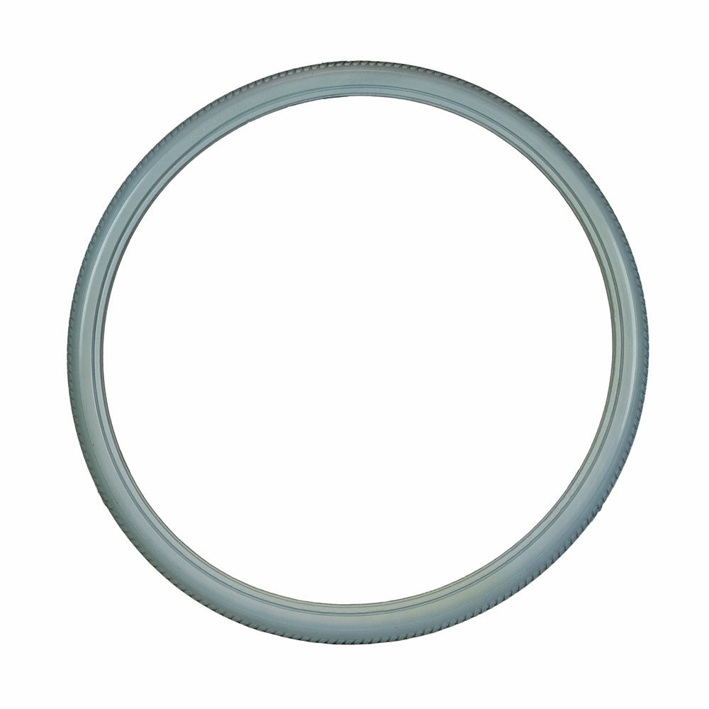 22x1-3/8 (37-489) Solid Urethane Wheelchair Tire with C63 Street Tread, circular white frame with black border, designed for hard paved surfaces, offering flat-free, worry-free dependability.