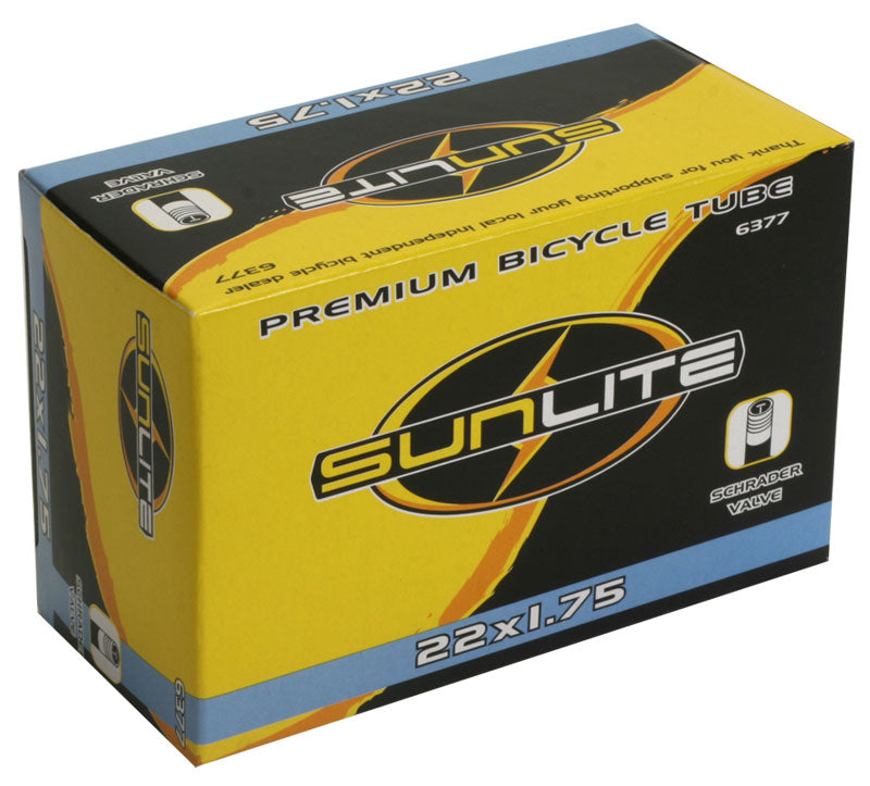 22x1.75 Bicycle Inner Tube with Straight Valve from Sunlite, packaged in a labeled box featuring a yellow and black logo.