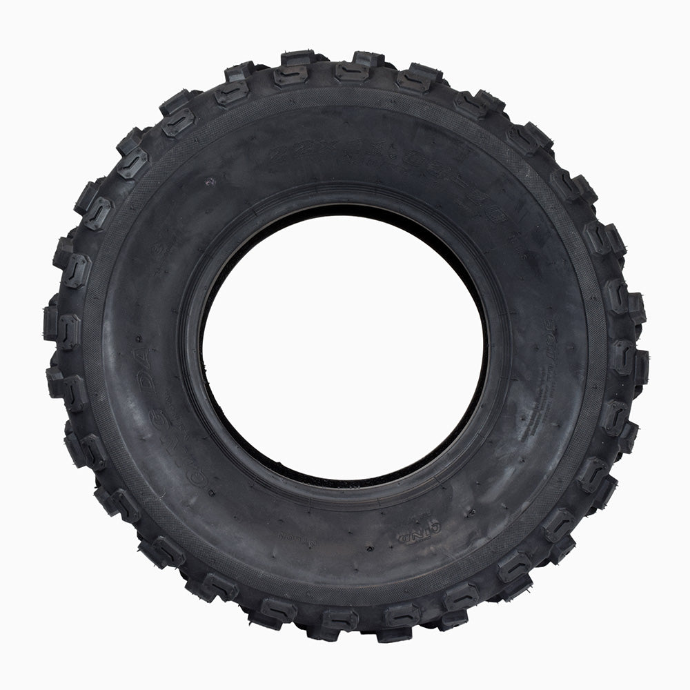 22x11.00-10 (280/55-10) Tire with QD127 Tread for Baja Motorsports, Roketa, & TaoTao Go-Karts & Dune Buggies, featuring a sturdy black tire with detailed treads and a central hole.