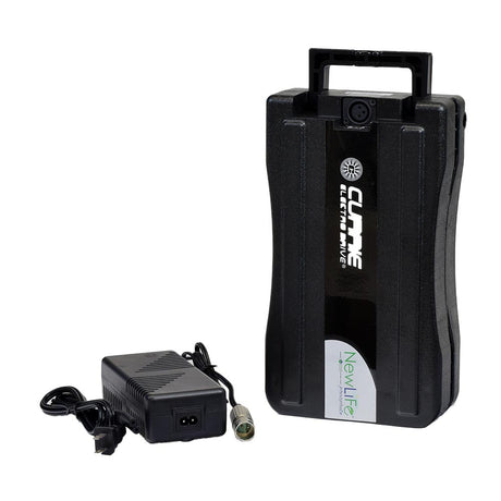 24 Volt 6.4 Ah Lithium Ion Battery Pack Upgrade Kit with 24 Volt Smart Charger for eZip & IZIP RMB electric bikes, featuring a black case with a power cord and visible connectors.