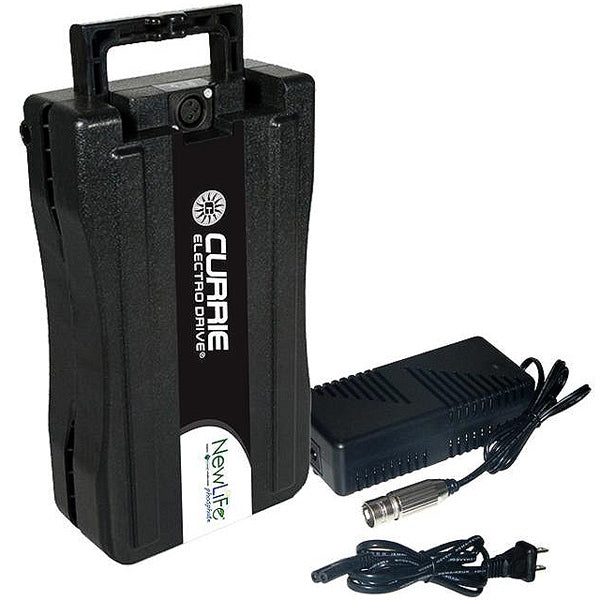 24 Volt 9.6 Ah Lithium Ion Battery Pack Upgrade Kit with 24 Volt Smart Charger for eZip & IZIP Rack Mounted Battery (RMB) Electric Bikes, showing a sleek black battery pack with attached cables.