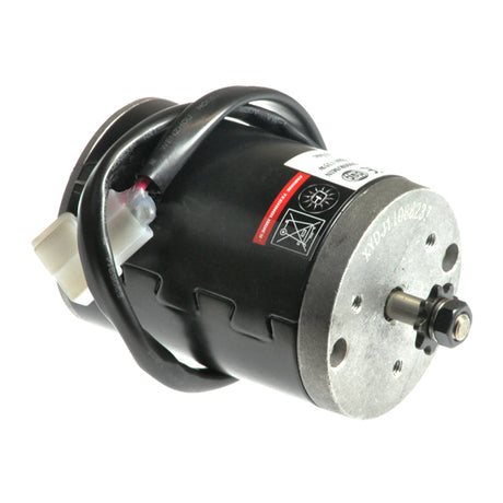 24 Volt 135 Watt XYD-15B Electric Motor with 9 Tooth #25 Chain Sprocket, shown with visible wires, suitable for eZip Nano Carver and other 24-volt scooters, capable of bidirectional rotation.