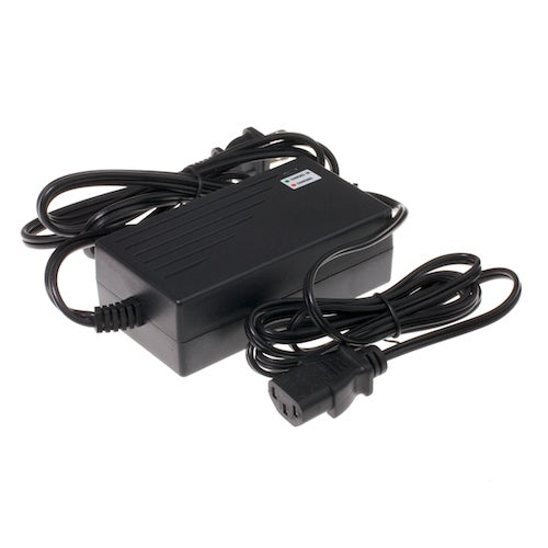 24 Volt 2.0 Amp 3-Pin Battery Charger for electric scooters and bikes, featuring a black power supply with attached cables, designed for sealed lead acid batteries, and includes an automatic shutoff function.