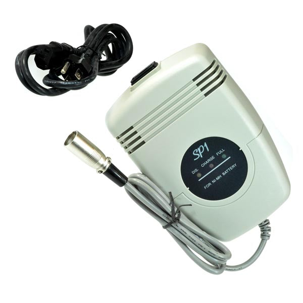 24 Volt 2.0 Amp NiMH Battery Charger for the UltraLite AutoGo Vision, featuring a white device with a black button and attached wires, designed specifically for NiMH batteries.