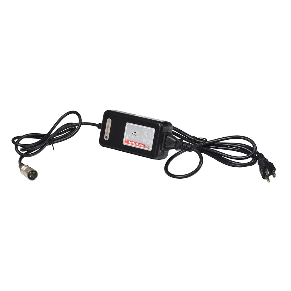 24 Volt 2.0 Amp XLR HP1202B Battery Charger with attached power cord, white label, and LED indicator lights. Suitable for electric and mobility scooters, featuring a 3-prong adapter plug.