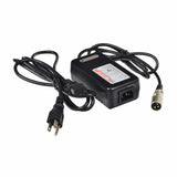 24 Volt 2.0 Amp XLR HP1202B Battery Charger, showing black power cord with silver label, 3-prong adapter plug, and LED indicator lights for electric scooters and mobility devices.