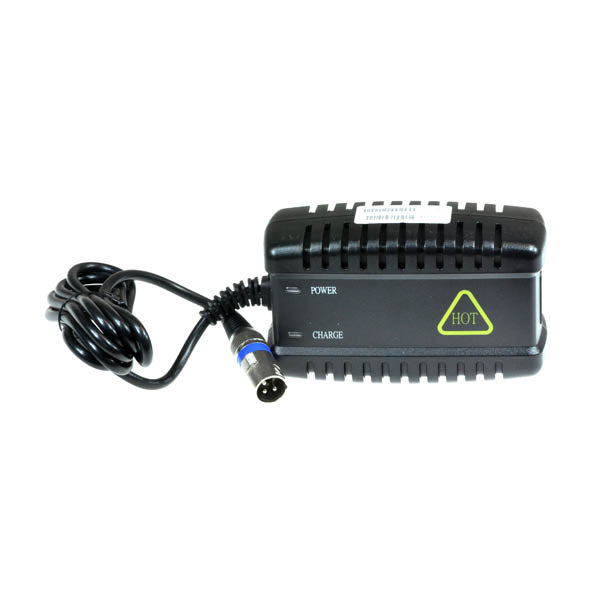 24 Volt 3.5 Amp Battery Charger for Pride Revo Scooter, featuring a black power supply unit with an attached cable, close-up view highlighting the XLR adapter and power cable.