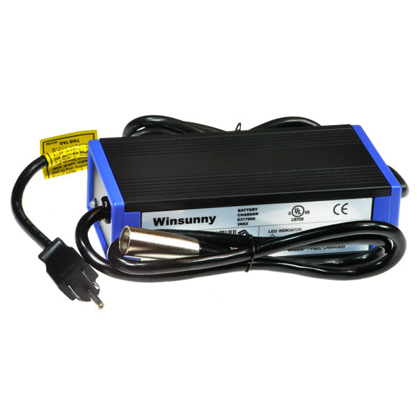 24 Volt 3.0 Amp Portable XLR Battery Charger with a black cord, LED indicators, and a 3-pin XLR connector for mobility scooters and power chairs.