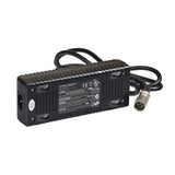 24 Volt 3.5 Amp XLR Battery Charger for the Jazzy Sport Portable, featuring a black power supply with an attached cable, close-up of labels, and LED indicators for charging status.