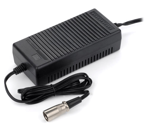 24 Volt 3.0 Amp XLR Battery Charger featuring a black power supply and attached wire, designed for electric mobility scooters and wheelchairs, with an automatic shutoff function when the battery is fully charged.