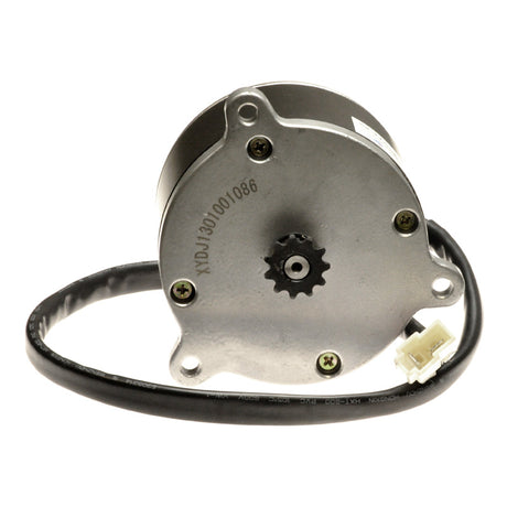 24 Volt 350 Watt XYD-6D Electric Motor with 11 Tooth #25 Chain Sprocket for 350 Series Scooters; small metal motor with black wire, shown close-up.