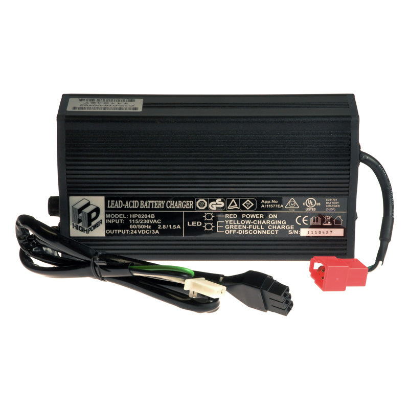 24 Volt 3.0 Amp On-Board Battery Charger for Drive Medical Mobility Scooters, featuring visible wires and a sleek black design, shown in a close-up view highlighting its compatibility with Drive Medical models.