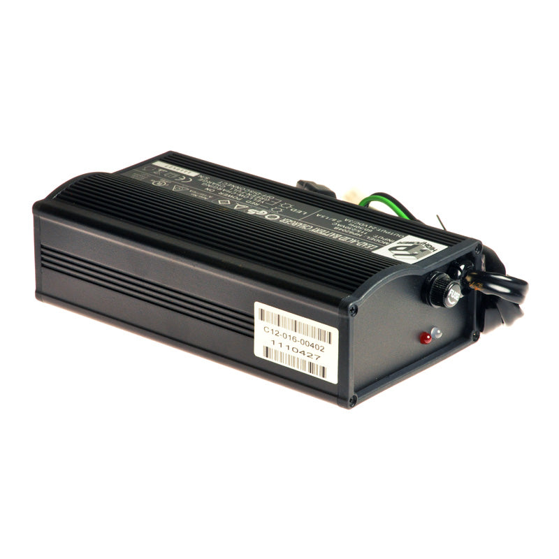 24 Volt 3.0 Amp On-Board Battery Charger for Drive Medical Mobility Scooters, shown as a black electronic device with wires, a close-up highlighting its compact and precise design.