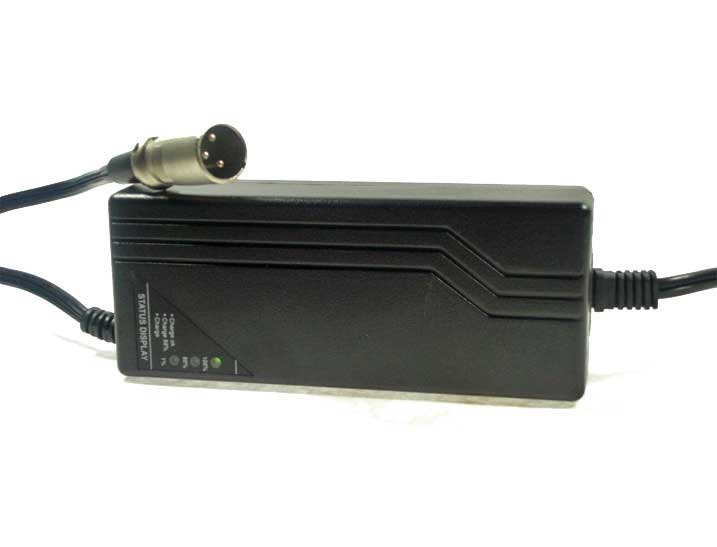 24 Volt 4.0 Amp XLR Battery Charger with microphone connected, showing detailed features including cables and electronic adapter components.