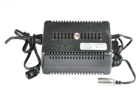 24 Volt 4.0 Amp XLR Battery Charger for electric mobility and recreational scooters, featuring a black power supply with attached wires, shown in a close-up view.