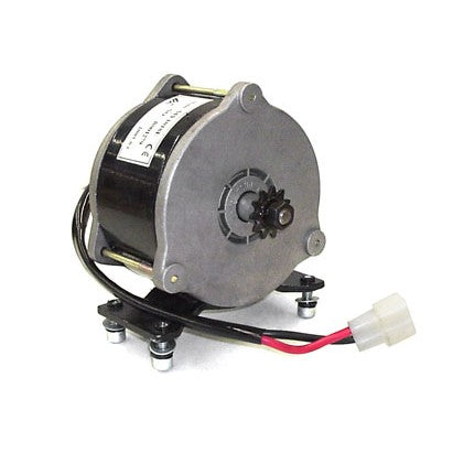 24 Volt 400 Watt Electric Motor with 11 Tooth #25 Chain Sprocket for Razor E500S, featuring visible wires, a black cable, and a label close-up.