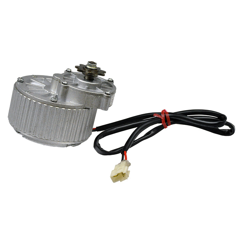 24 Volt 450 Watt Gear Reduction Electric Bike Motor with 9 Tooth 1/8 Bicycle Chain Sprocket, showcasing a compact, cylindrical design with a visible black cable and wire attachment.