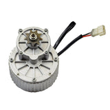 24 Volt 450 Watt Gear Reduction Electric Bike Motor with 9 Tooth 1/8 Bicycle Chain Sprocket, featuring a compact metal design with wires and a close-up of the gear transmission.