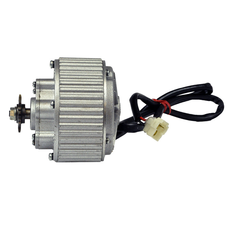 24 Volt 450 Watt Gear Reduction Electric Bike Motor with 9 Tooth 1/8 Bicycle Chain Sprocket, showing a close-up of the small, metal electric motor with wires and a gear reduction transmission.