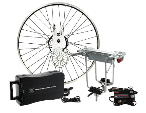 24 Volt 450 Watt Currie Electro-Drive Electric Bike Conversion Kit #1 with SLA Batteries and a 26 Rear Rim, featuring a motor, battery pack, throttle, and controller attached to a bicycle wheel.