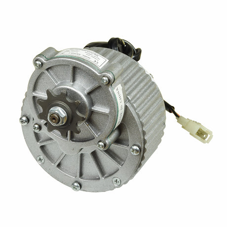 24 Volt 450 Watt MY1018 Gear Reduction Electric Motor with 9 Tooth 420 Chain Sprocket, featuring a visible rotor and black cord, designed for reversible rotation.