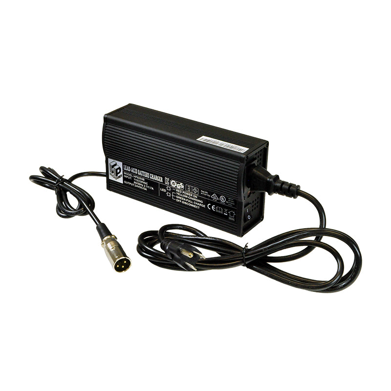 Electric Scooter Parts: 24 Volt 5.0 Amp XLR HP8204B Battery Charger with attached cable, close-up showing connections and wiring. Ideal for mobility scooters and power chairs.