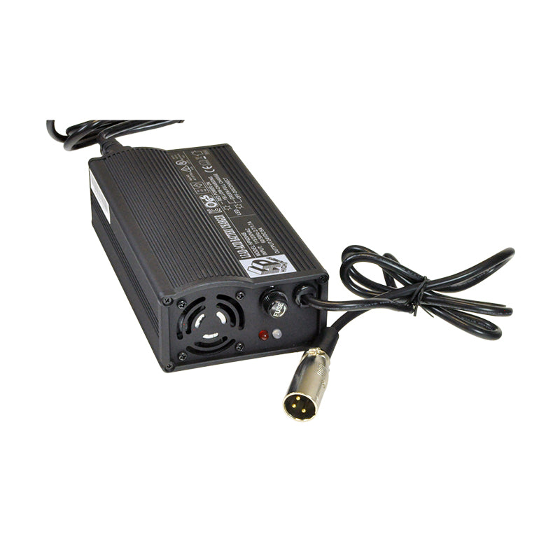 24 Volt 5.0 Amp XLR HP8204B Battery Charger for mobility scooters, showcasing a black power supply with attached wires and LED indicators for power, charging, and full charge status.