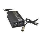 24 Volt 5.0 Amp XLR HP8204B Battery Charger for mobility scooters, showcasing a black power supply with attached wires and LED indicators for power, charging, and full charge status.