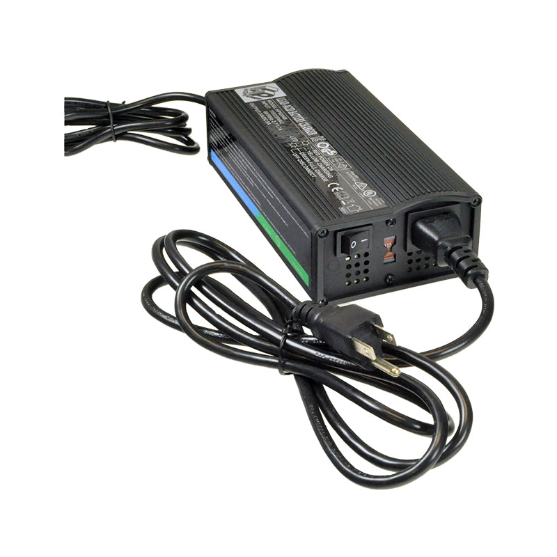 Electric Scooter Parts: 24 Volt 5.0 Amp XLR HP8204B Battery Charger, featuring a compact design with an attached power cord, and close-up details showcasing the input, output, and LED indicators for charge levels.