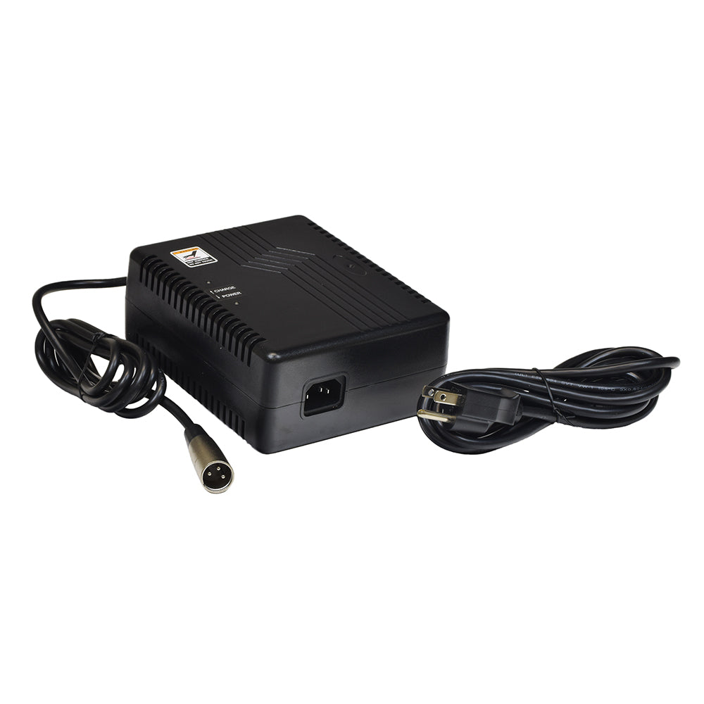 24 Volt 5.0 Amp XLR ELECHG1021 Battery Charger with attached black cable, suitable for mobility scooters and power wheelchairs, featuring LED indicators and automatic shutoff to prevent overcharging.