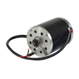 24 Volt 500 Watt MY1020 Electric Motor with 11 Tooth 8mm 05T Chain Sprocket, featuring black and silver design, visible wires, and two mounting holes on each face for easy installation.