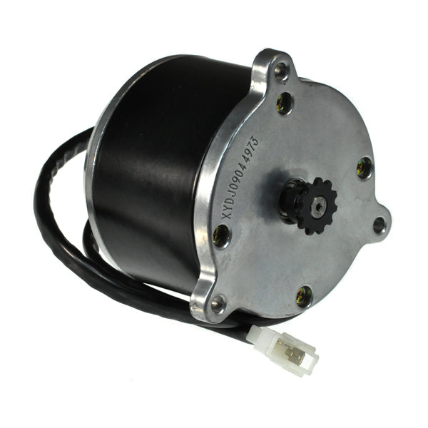 24 Volt 650 Watt XYD-6B Electric Motor with 11 Tooth #25 Chain Sprocket, featuring a compact black and silver design, suitable for reversible rotation by adjusting power wires.