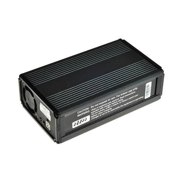 24 Volt 7.0 Amp CS1204 On-Board Battery Charger for Amigo Mobility Scooters and Power Chairs, featuring a black rectangular design with front panel LEDs for charging status and diagnostic error codes.