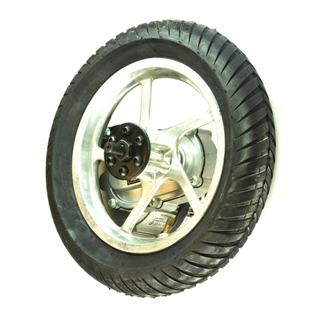 24 Volt 750 Watt Direct Drive Electric Motor & Rear Wheel Assembly featuring a tire with visible tread and a mounted rim, designed for IZIP I-750 and Schwinn S750 electric scooters.