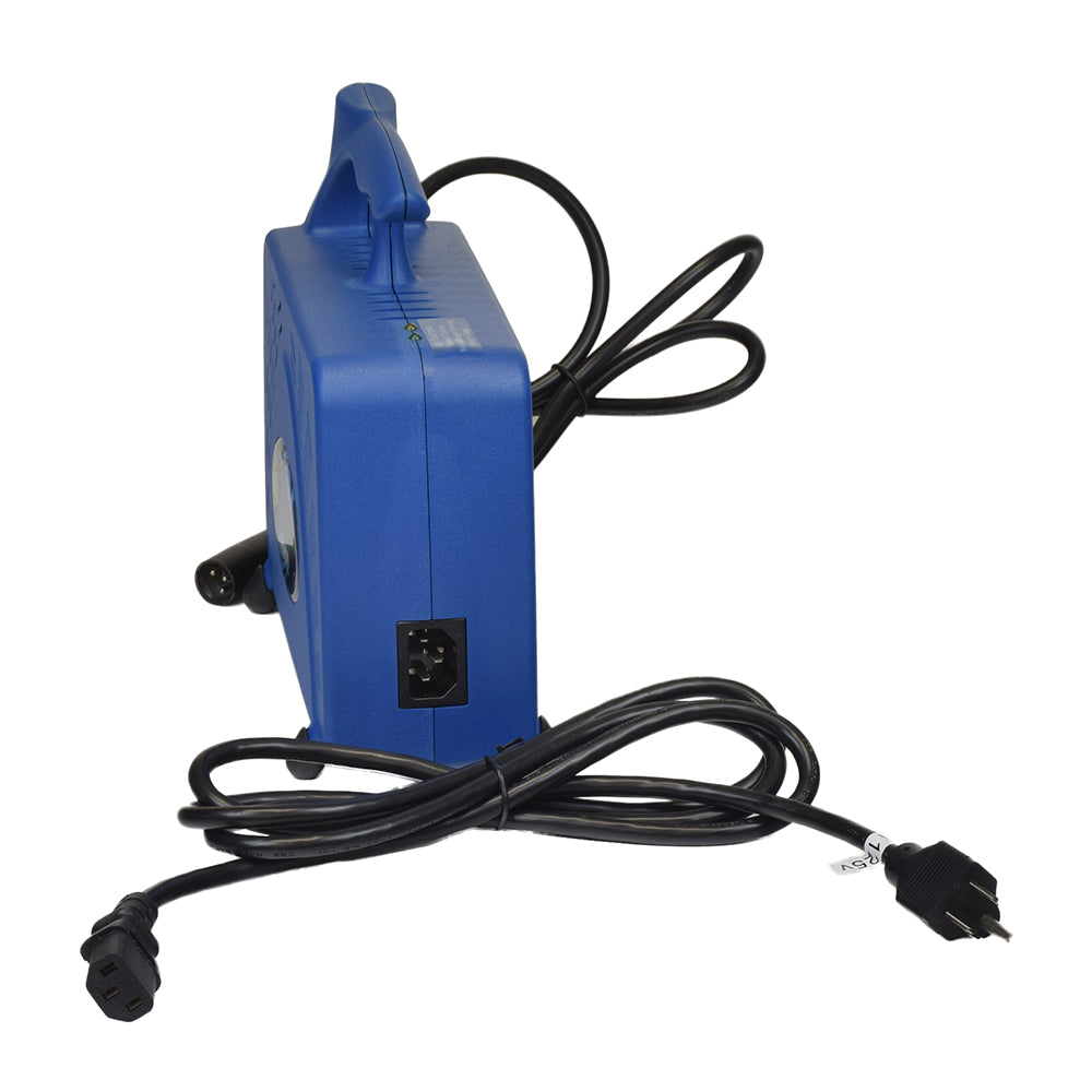 24 Volt 8.0 Amp XLR 28008 Portable Battery Charger with black cords, a 3-pin XLR connector, LED indicators, and a 4' cable, designed for mobility chairs and power scooters.