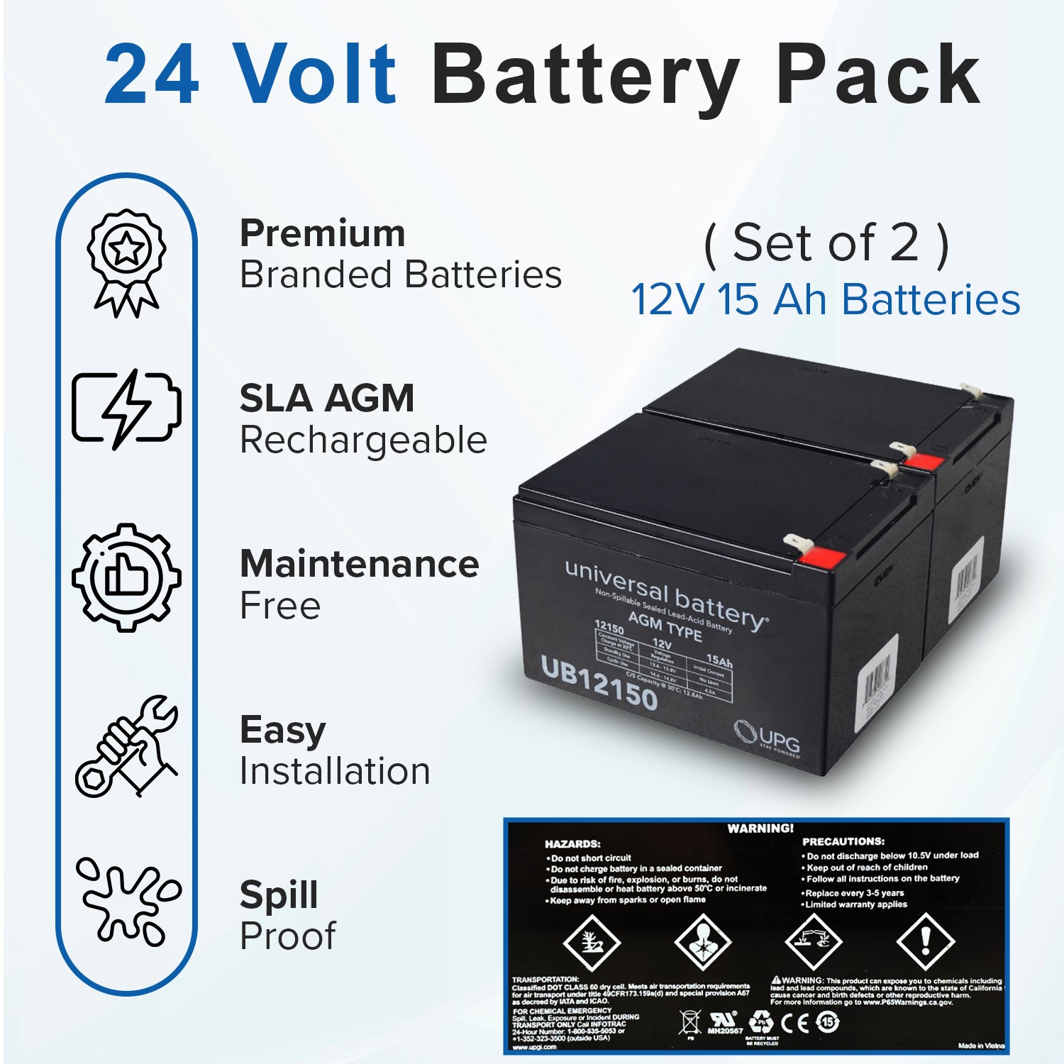 15 Ah 24 Volt (12 Ah Upgrade) UB12150 AGM Mobility Scooter Battery Pack