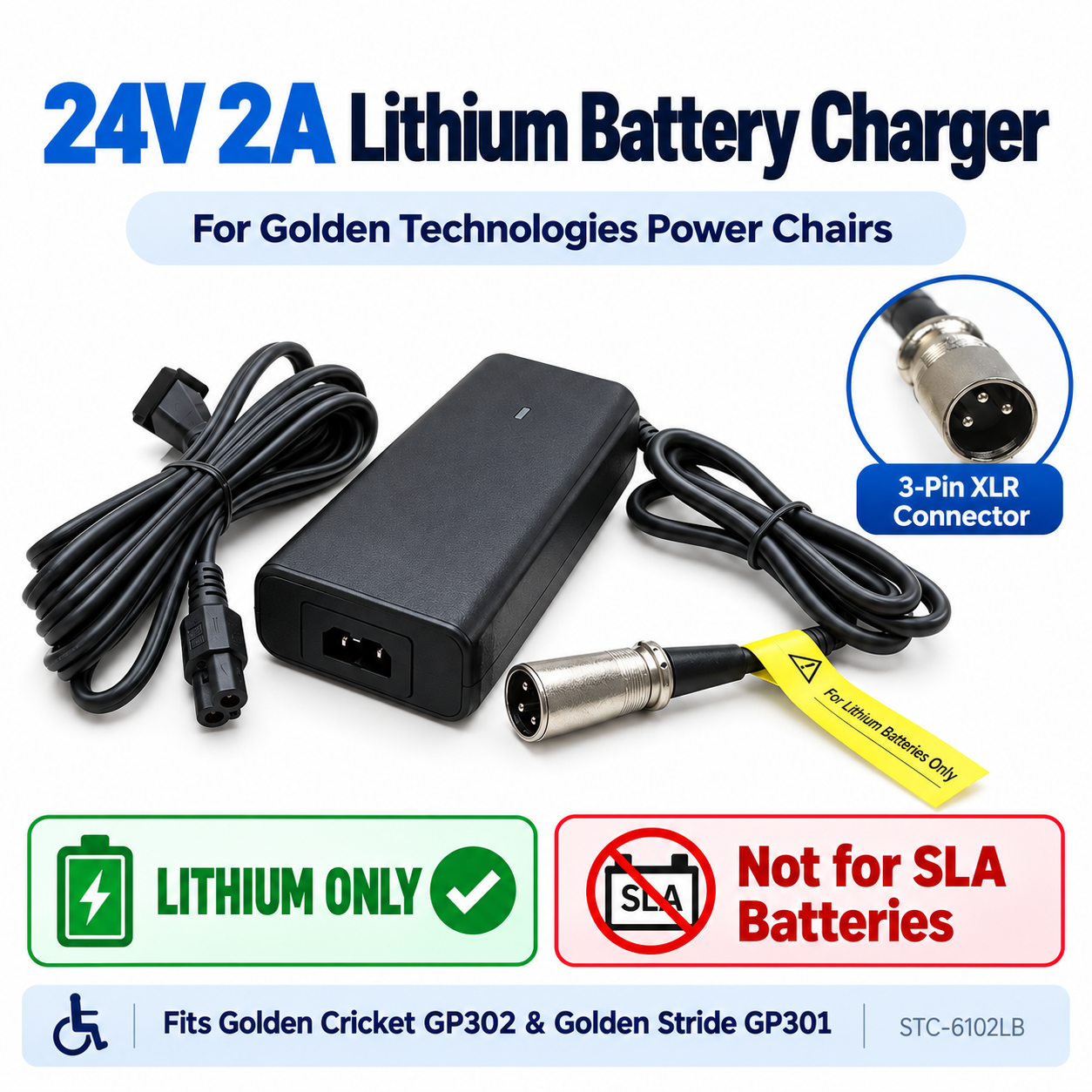 MBE-0014 - 24 Volt 2.0 Amp Lithium Ion Battery Charger for the Golden Cricket (GP302) and Golden Stride (GP301) Power Chairs