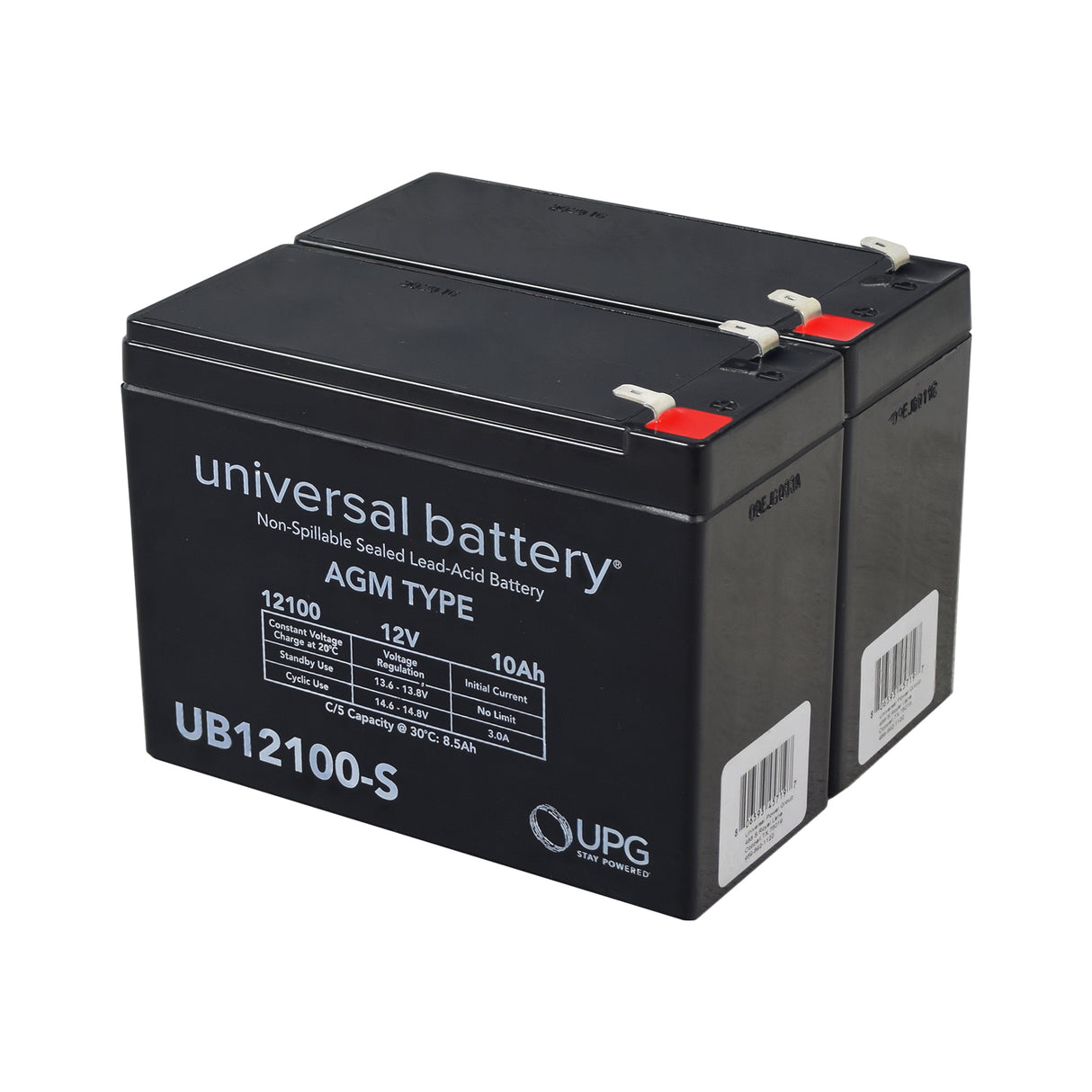 10 Ah 24 Volt UB12100-S AGM Battery Pack, black rectangular battery with white text. Ideal for electric scooters and power chairs, shown with close-up of barcode and logo.