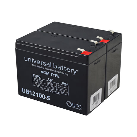 10 Ah 24 Volt UB12100-S AGM Battery Pack, black rectangular battery with white text. Ideal for electric scooters and power chairs, shown with close-up of barcode and logo.