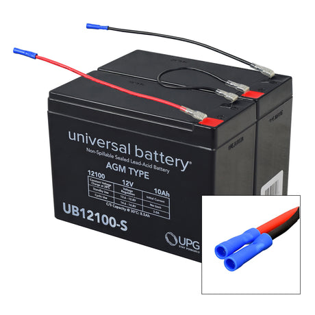 Close-up of the 10 Ah 24 Volt UB12100-S AGM Battery Pack with visible red and blue wires, designed for electric scooters, power chairs, and go-karts.