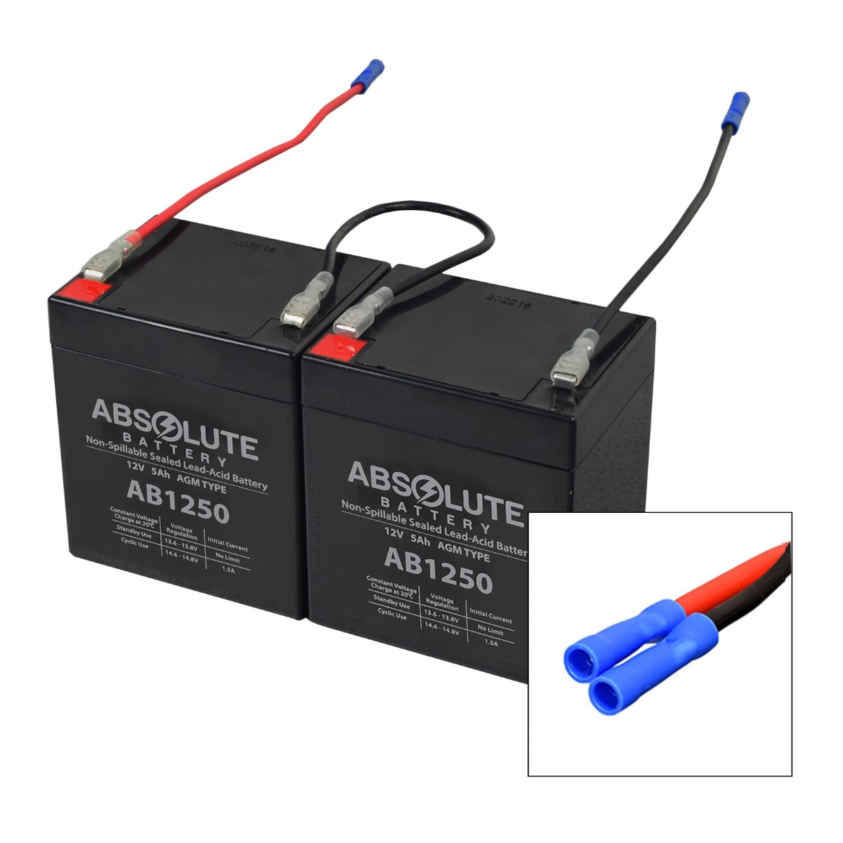 24 Volt 5 Ah Battery Pack for the Pulse Chopster & Street Cruiser E-Motorcycle, featuring two black batteries with attached red and blue wires for enhanced performance and longer run time.