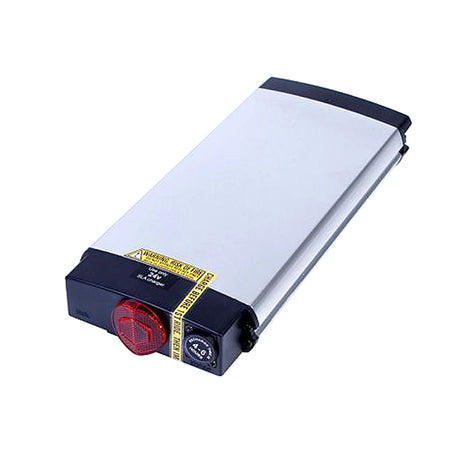 24 Volt 10 Ah Lithium-ion (Li-Ion) Battery Pack & Charger for Currie Electric Bikes, featuring a rectangular design with a visible red light, compatible with eZip Eco-Ride and IZIP models.