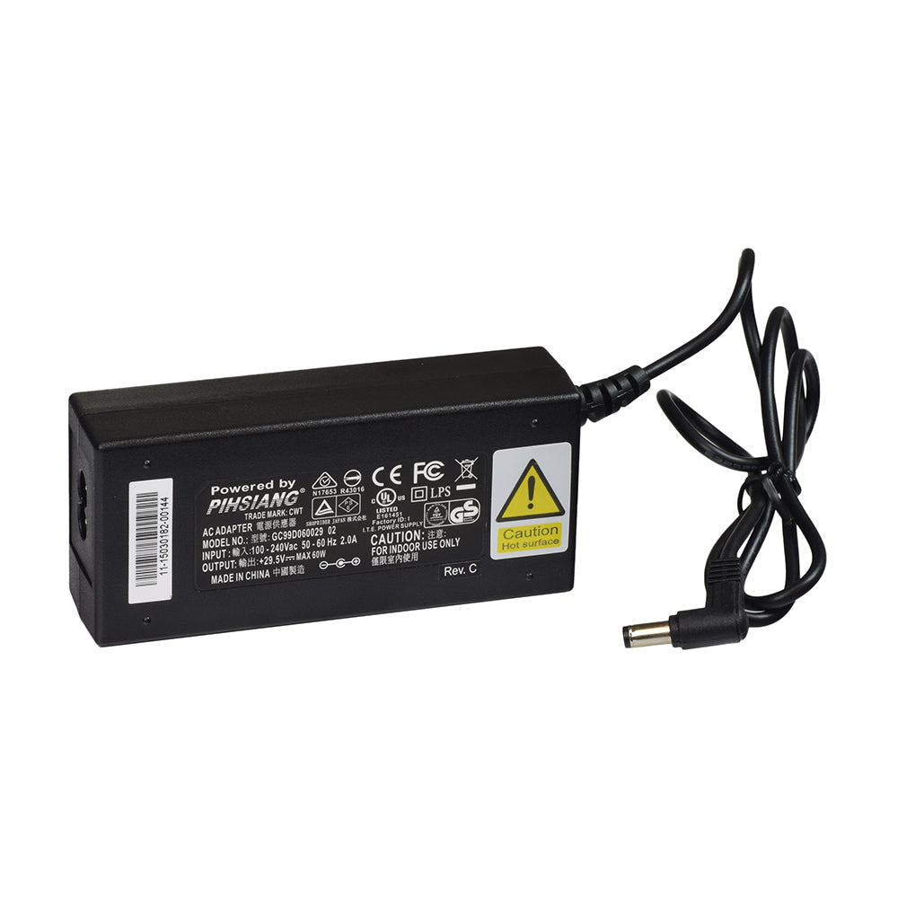 24 Volt 2.0 Amp 2.5mm ID Coaxial GC99D060029 Battery Charger for the Shoprider Scootie and Sunrunner S Mobility Scooters, featuring a black rectangular body, yellow warning label, and attached power cord.