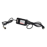 24 Volt 2.0 Amp XLR HP1202B Battery Charger with wires, LED indicator lights, and a 3-prong adapter plug, designed for electric scooters and mobility devices with an off-board charging female XLR socket.