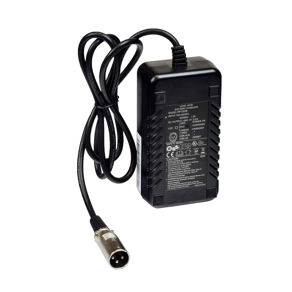 24 Volt 2.0 Amp XLR HP1202B Battery Charger with LED indicators, 3-prong adapter plug, and attached power cord. Ideal for electric and mobility scooters, featuring automatic shut-off and charging status lights.