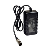 24 Volt 2.0 Amp XLR Battery Charger for Vive Mobility Scooters, close-up of black power supply with attached cable and 3-prong XLR plug, featuring LED indicator lights and automatic shut-off.