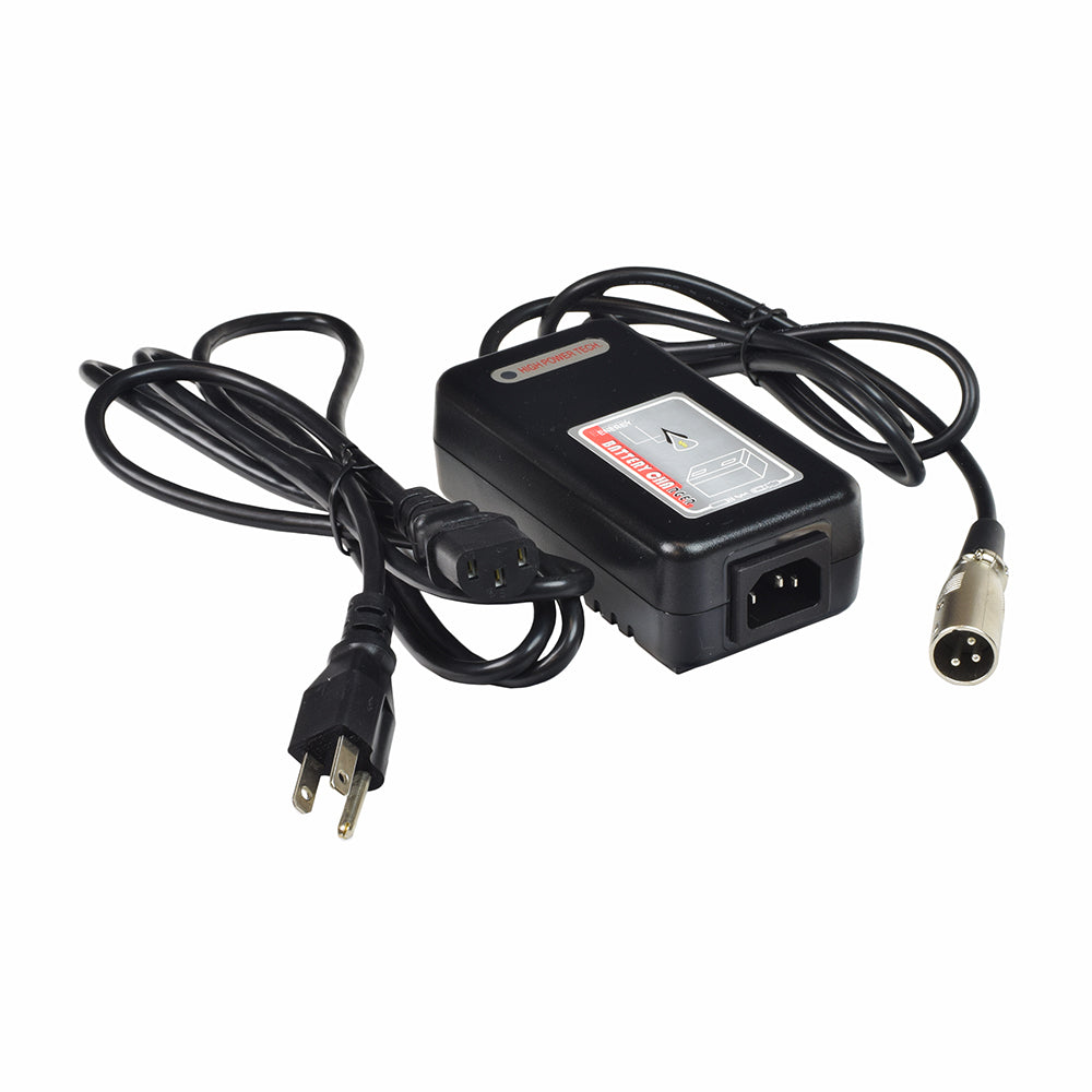 24 Volt 2.0 Amp XLR HP1202B Battery Charger with black power cord, silver label, and 3-prong adapter plug. Ideal for electric scooters and power chairs, featuring LED indicator lights.