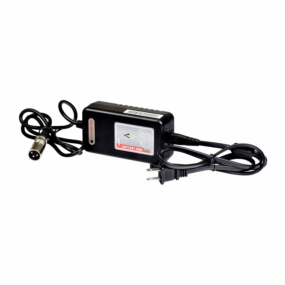 24 Volt 2.0 Amp XLR Lithium-ion Battery Charger for EV Rider TranSport scooters, featuring a black body with a white label and an attached power cord, designed for 24 volt, 11.5 Ah Lithium-ion batteries.